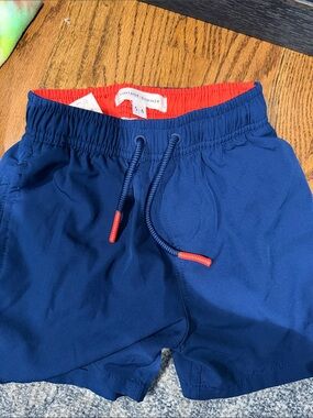 Vintage Summer Navy Swim Trunks with Red Accents